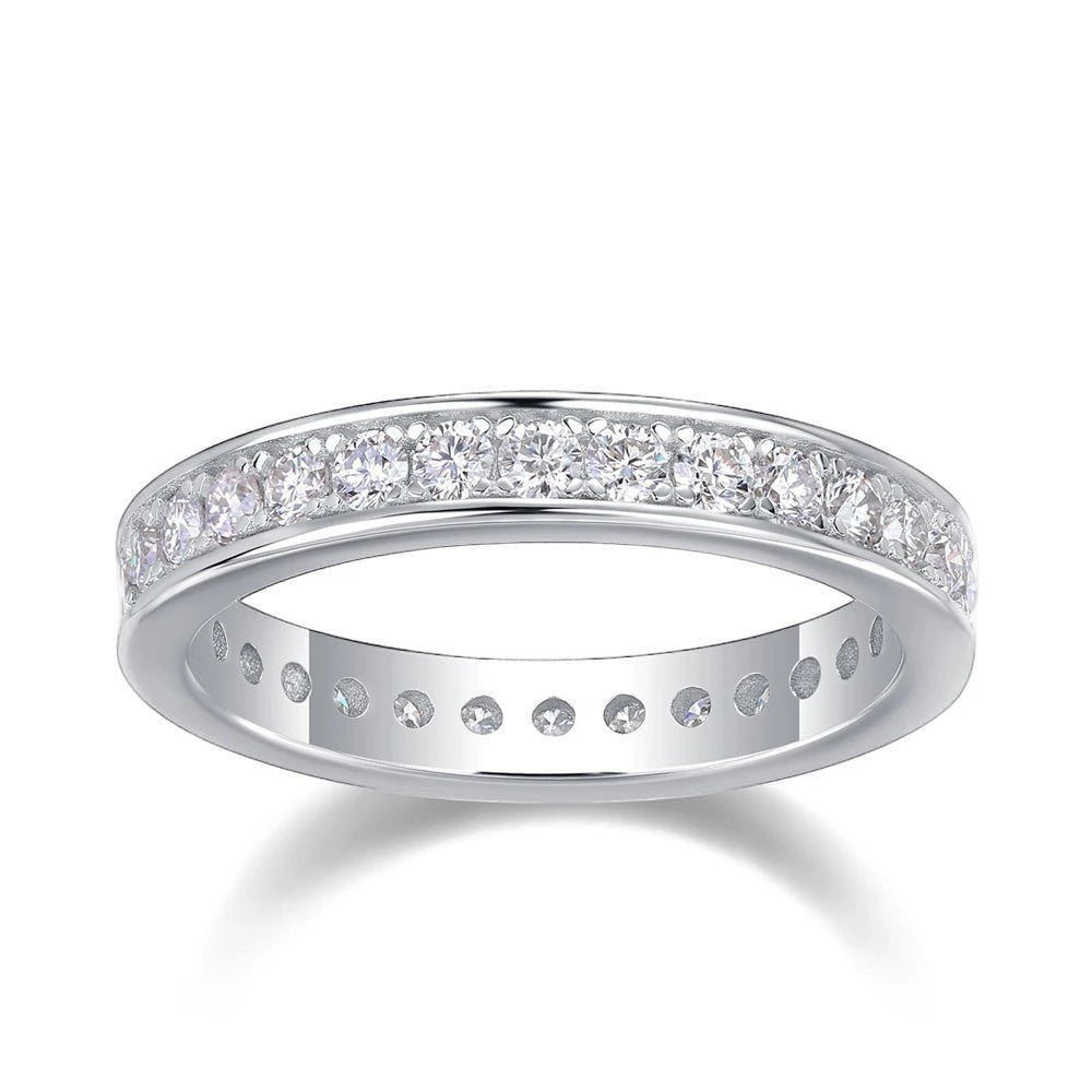 Bee-Bee's Classic 2mm Moissanite Eternity Band Ring in Sterling Silver with 18k Gold Plating, D VVS1 certified.