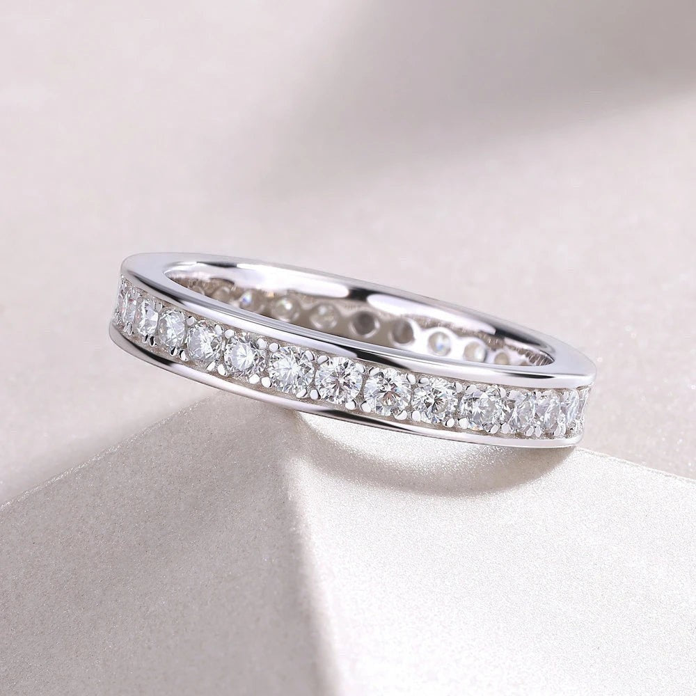 Bee-Bee's 2mm moissanite eternity band ring in sterling silver with 18k gold plating. D VVS1 stones.