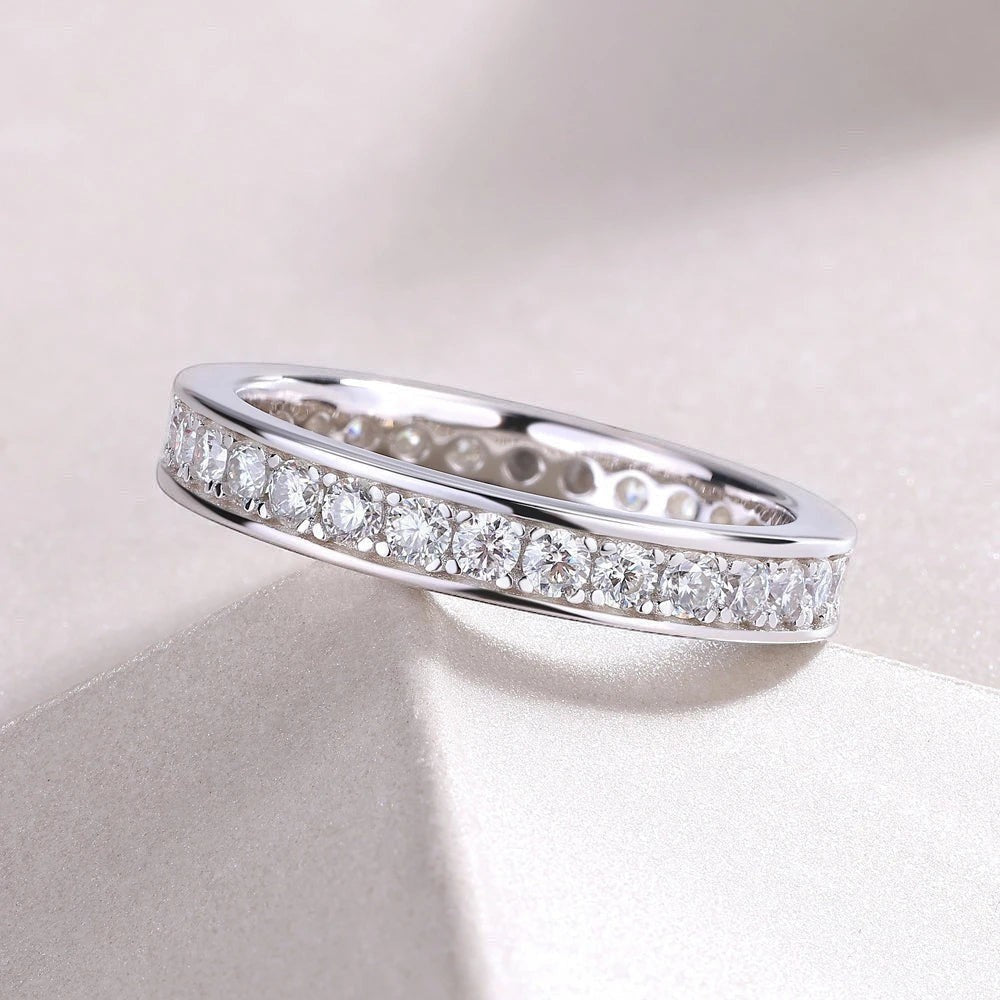 Bee-Bee's 2mm moissanite eternity band ring in sterling silver with 18k gold plating. D VVS1 stones.