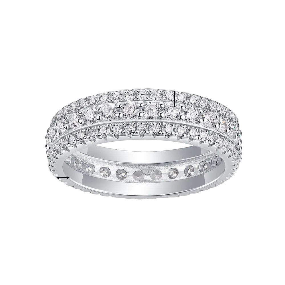 Bee-Bee's Moissanite eternity band ring in s925 Sterling Silver with 18k white gold plating. Features three rows of round-cut stones.
