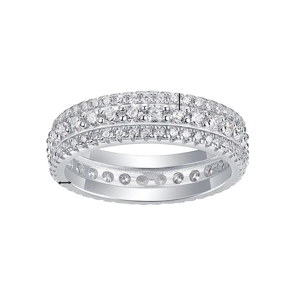 Bee-Bee's Moissanite eternity band ring in s925 Sterling Silver with 18k white gold plating. Features three rows of round-cut stones.