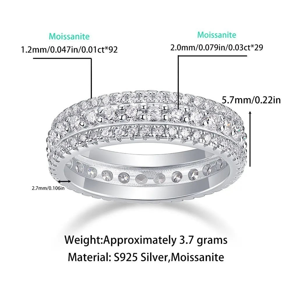 Bee-Bee's Moissanite eternity band ring in s925 Sterling Silver with 18k white gold plating. Features two rows of round-cut stones.