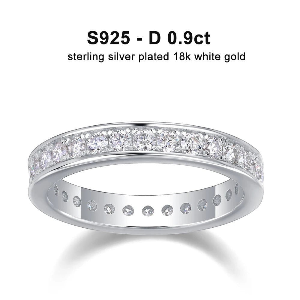Bee-Bee's classic 2mm moissanite eternity band ring in sterling silver with 18k white gold plating.
