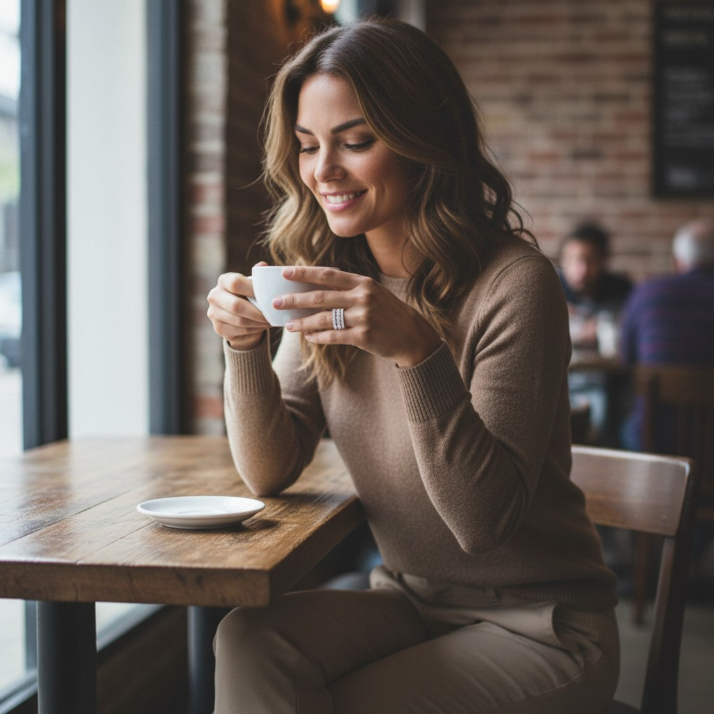 Bee-Bees moissanite eternity band in sterling silver worn by a smiling woman drinking coffee in a cafe