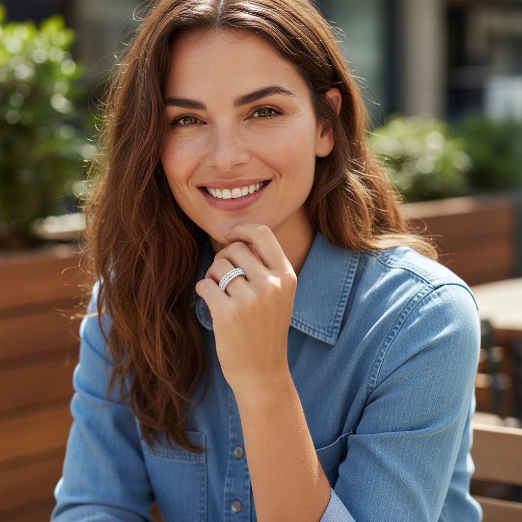 A smiling woman wearing a Bee-Bees moissanite eternity band ring in s925 sterling silver with 18k white gold plating.