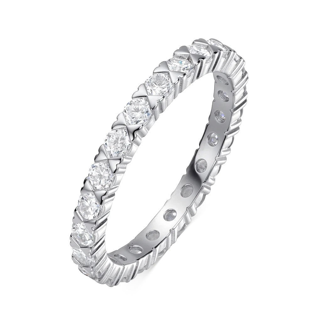 Bee-Bees 2.5mm Moissanite eternity band in s925 Sterling Silver with 18k gold plating. Features round-cut stones and a detailed band.