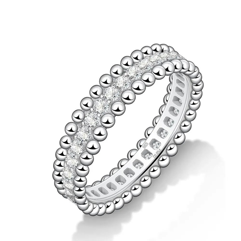 Bee-Bees VVS1 D Color Moissanite full eternity band in sterling silver with 18k white gold plating. Stackable ring with beaded detail.