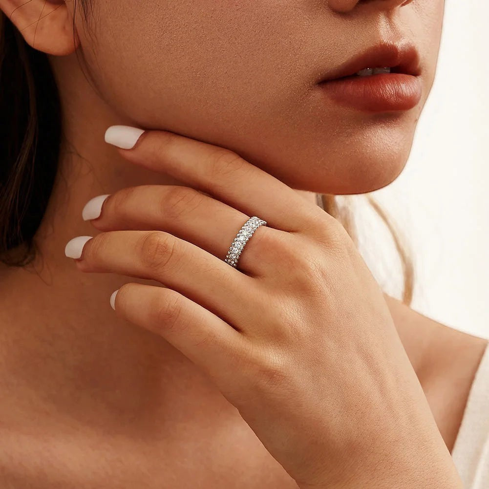 Bee-Bees VVS1 Moissanite full eternity wedding band in sterling silver with 18k white gold plating. Stackable ring with two rows of round brilliant cut stones.