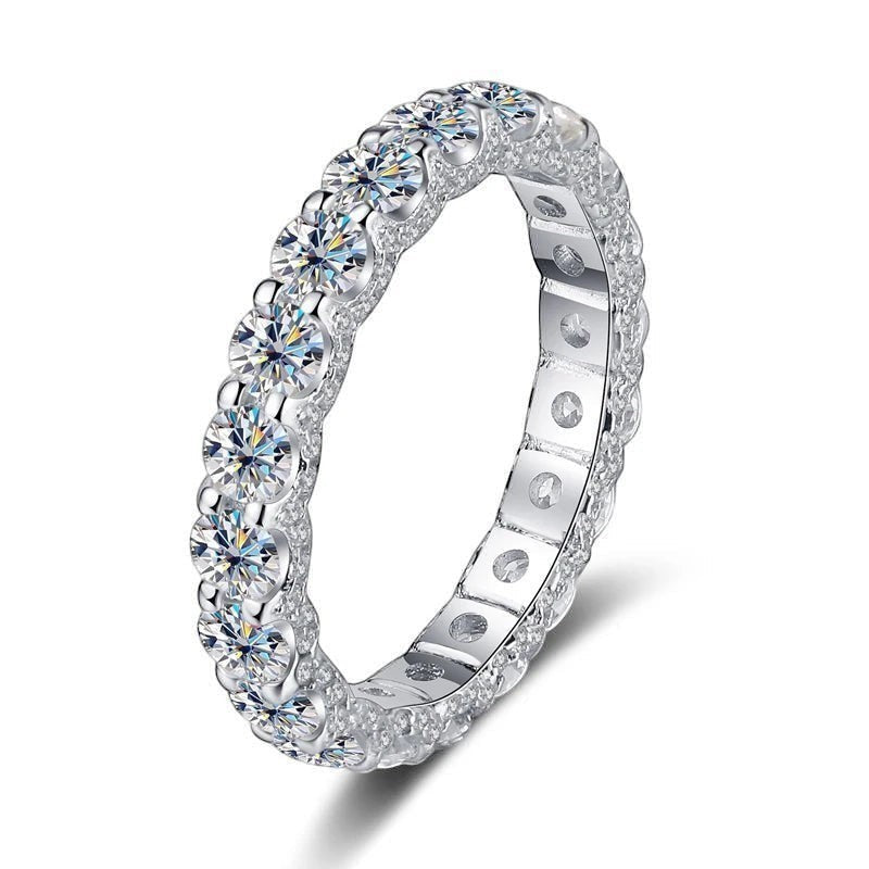 Bee-Bees 2.5ct round D-color VVS1 moissanite full eternity band in 18k white gold plated S925 sterling silver.