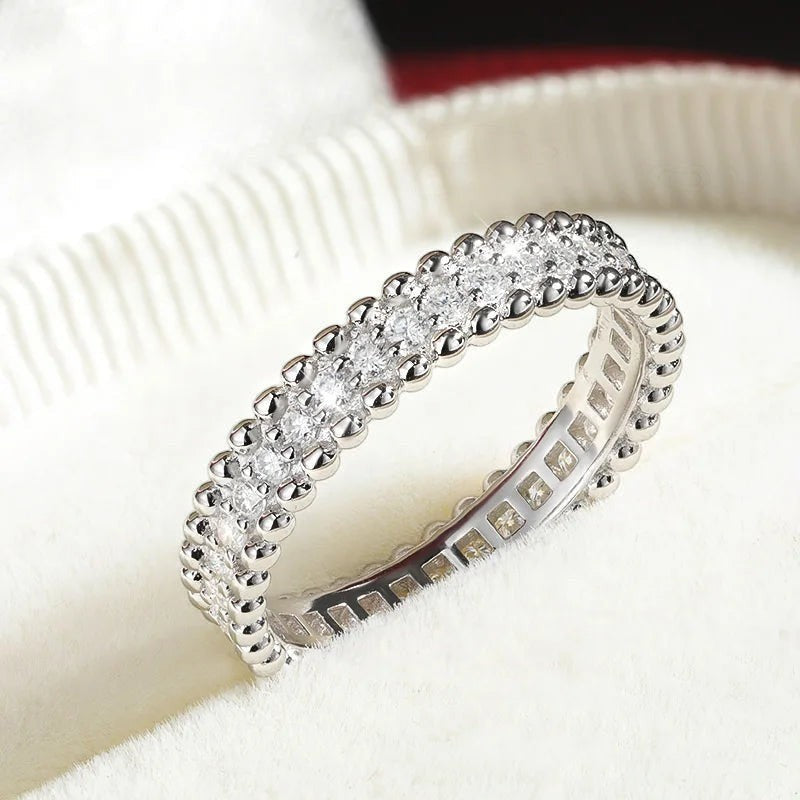 Bee-Bees VVS1 Moissanite Full Eternity Wedding Band, 18k white gold plated sterling silver, D-color stones, stackable design.
