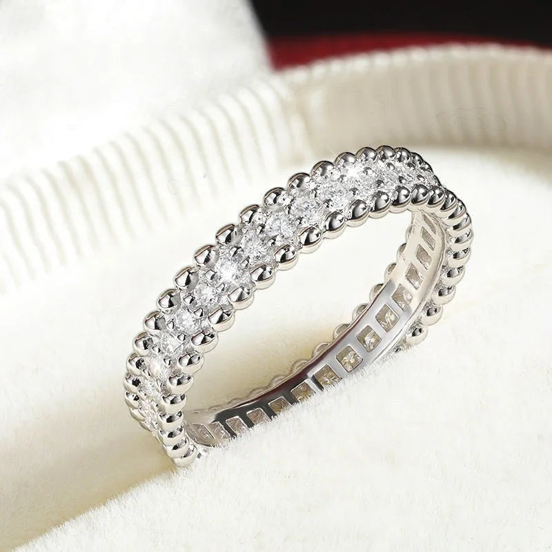 Bee-Bees VVS1 Moissanite Full Eternity Wedding Band, 18k white gold plated sterling silver, D-color stones, stackable design.