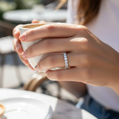 Bee-Bees 2.5ct round moissanite full eternity band in 18k white gold plated S925 silver worn on a woman's finger.