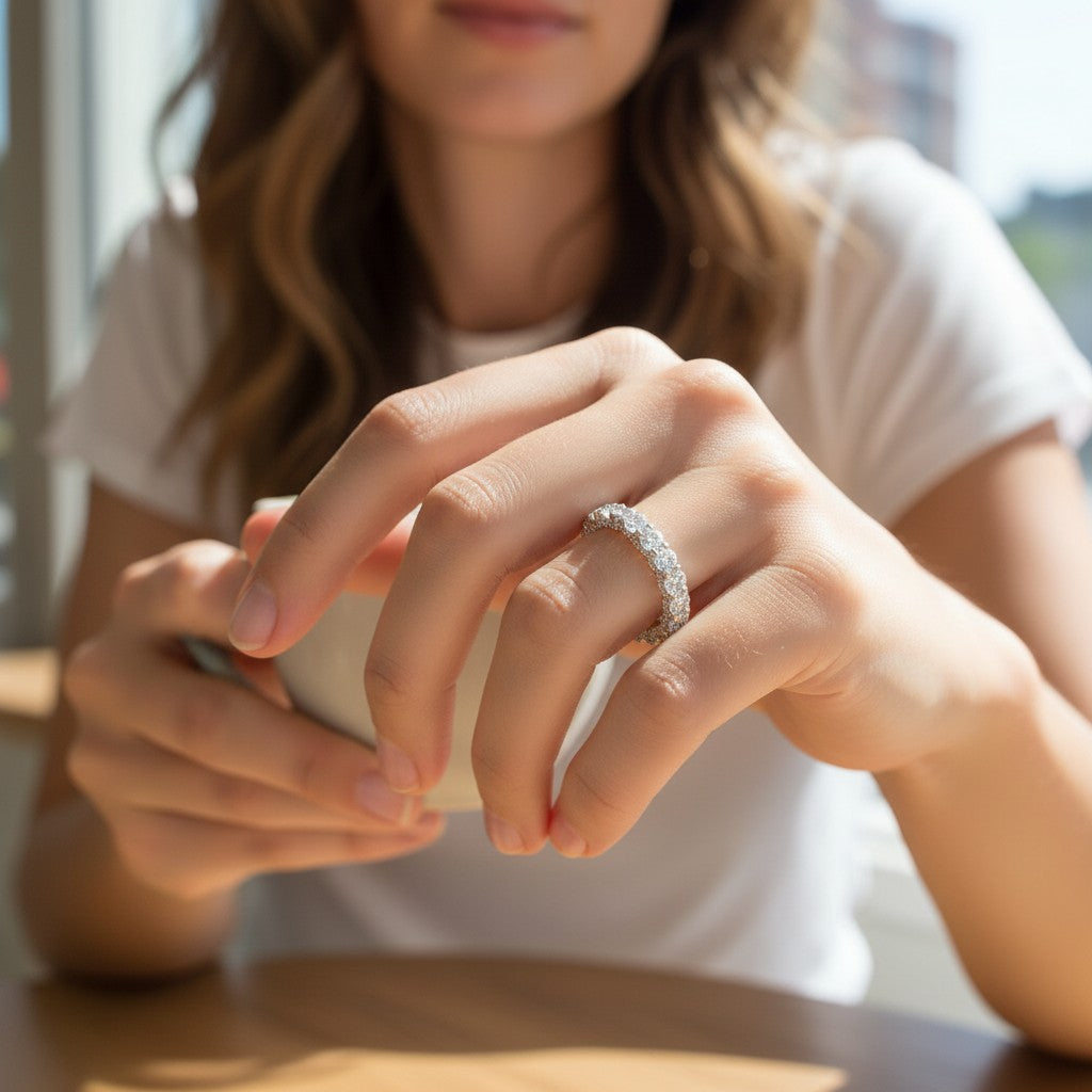Bee-Bees 2.5ct round moissanite full eternity band in 18k white gold plated S925 silver worn on a woman's finger
