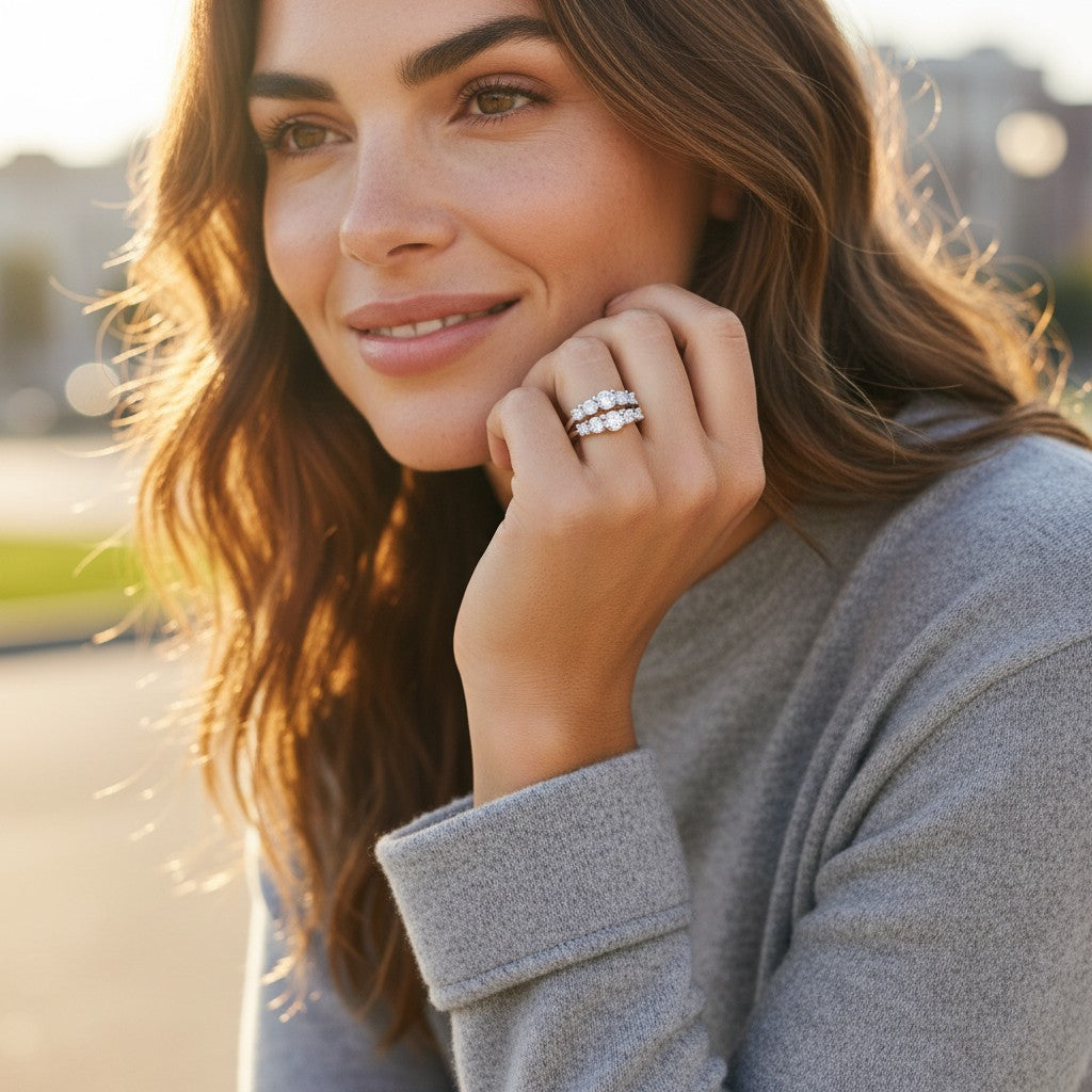 Bee-Bees 8 Hearts & Arrows moissanite eternity band in gold-plated sterling silver worn by a smiling woman outdoors.
