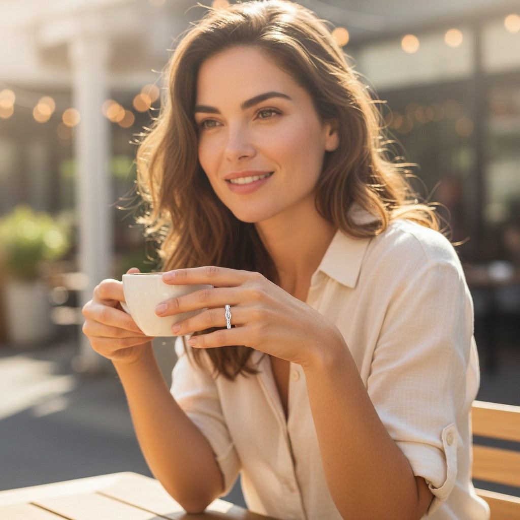 A woman wearing a Bee-Bees 1mm moissanite eternity band in 925 sterling silver while holding a coffee cup outdoors.