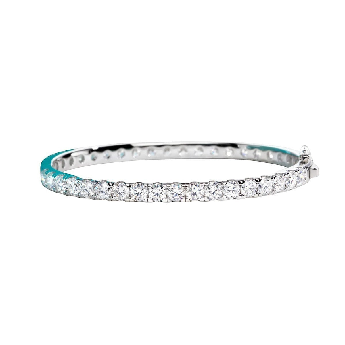 Bee-Bees 11.7ctw Moissanite eternity bangle in sterling silver with 18k white gold plating. Features 4mm round-cut stones and a secure clasp.