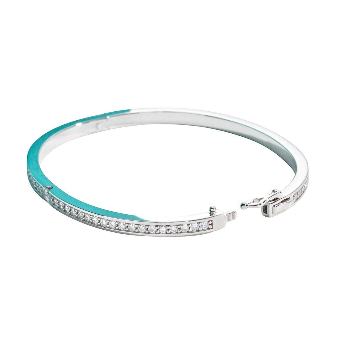 Bee-Bees 2ctw Moissanite eternity bangle in s925 sterling silver with 18k white gold plating. Features D VVS1 stones and a secure clasp.