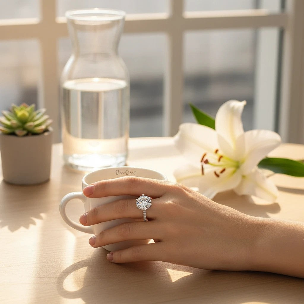 Bee-Bees 5ct Moissanite diamond eternity ring with GRA certification, set in 18K white gold plated sterling silver.