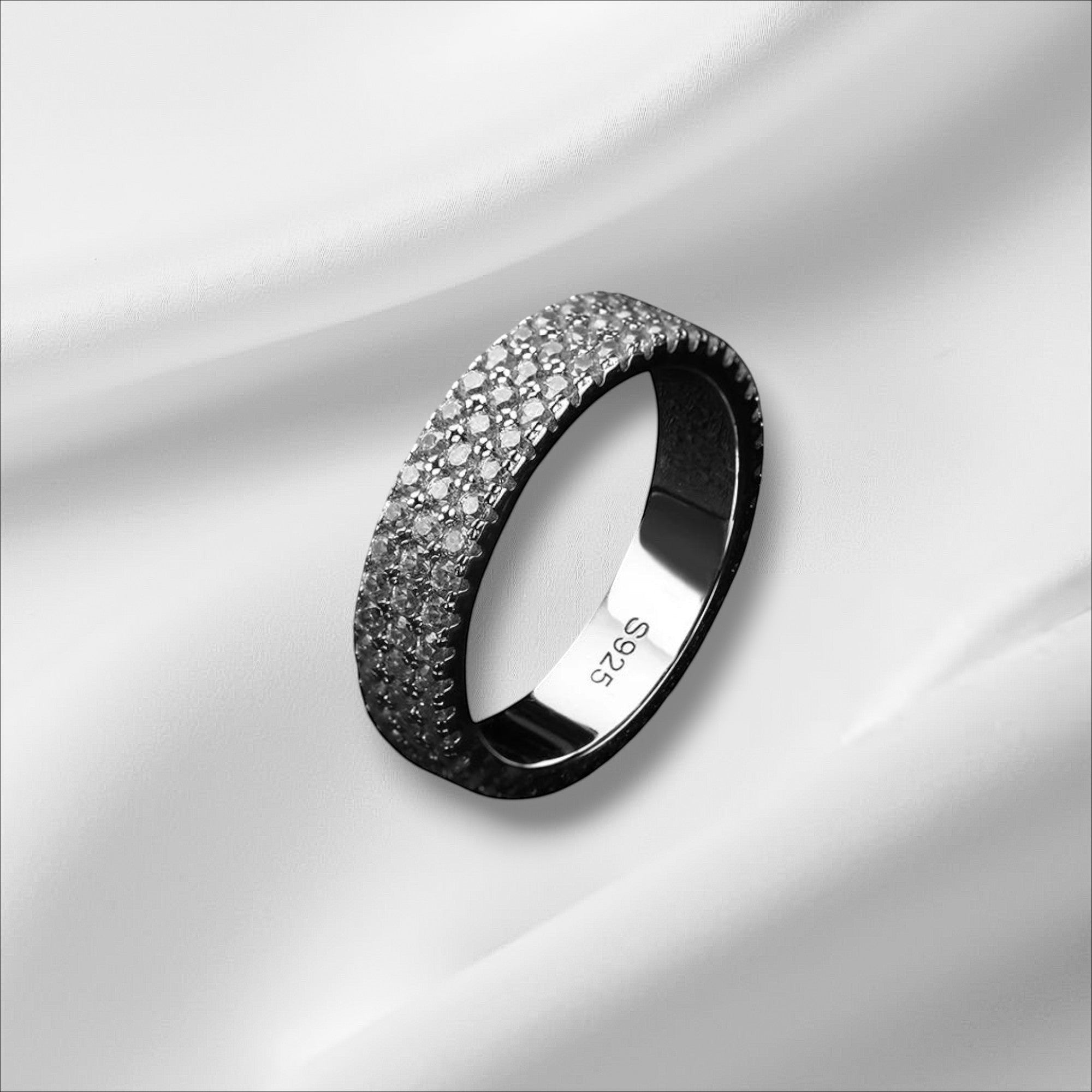 Bee-Bees 18k gold plated 925 sterling silver eternity ring with two rows of sparkling moissanite stones.