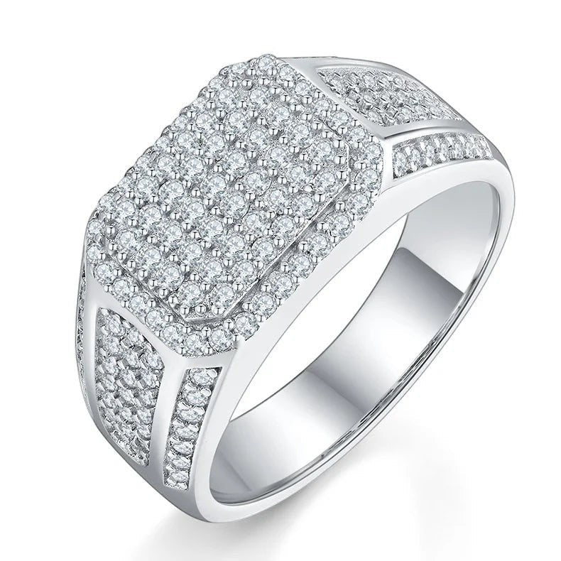 Bee-Bee's D VVS Moissanite eternity ring in 925 silver with 18k white gold plating. Features a rectangular top paved with small, round, brilliant-cut stones.