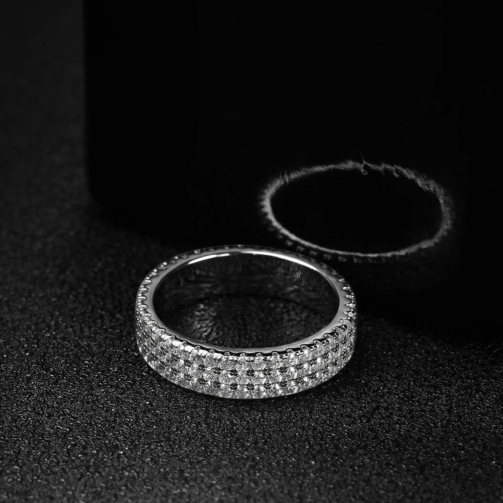 Bee-Bees 18k gold plated 925 sterling silver eternity ring with two rows of sparkling moissanite stones.