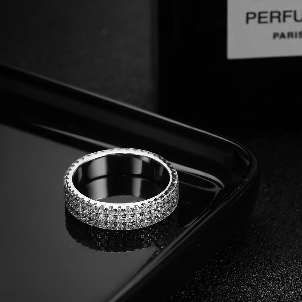 Bee-Bees 18k gold plated 925 sterling silver eternity ring with two rows of sparkling moissanite stones.