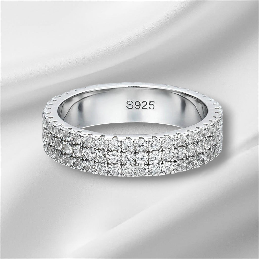 Bee-Bees 18k gold plated 925 sterling silver eternity ring with two rows of sparkling Moissanite stones.