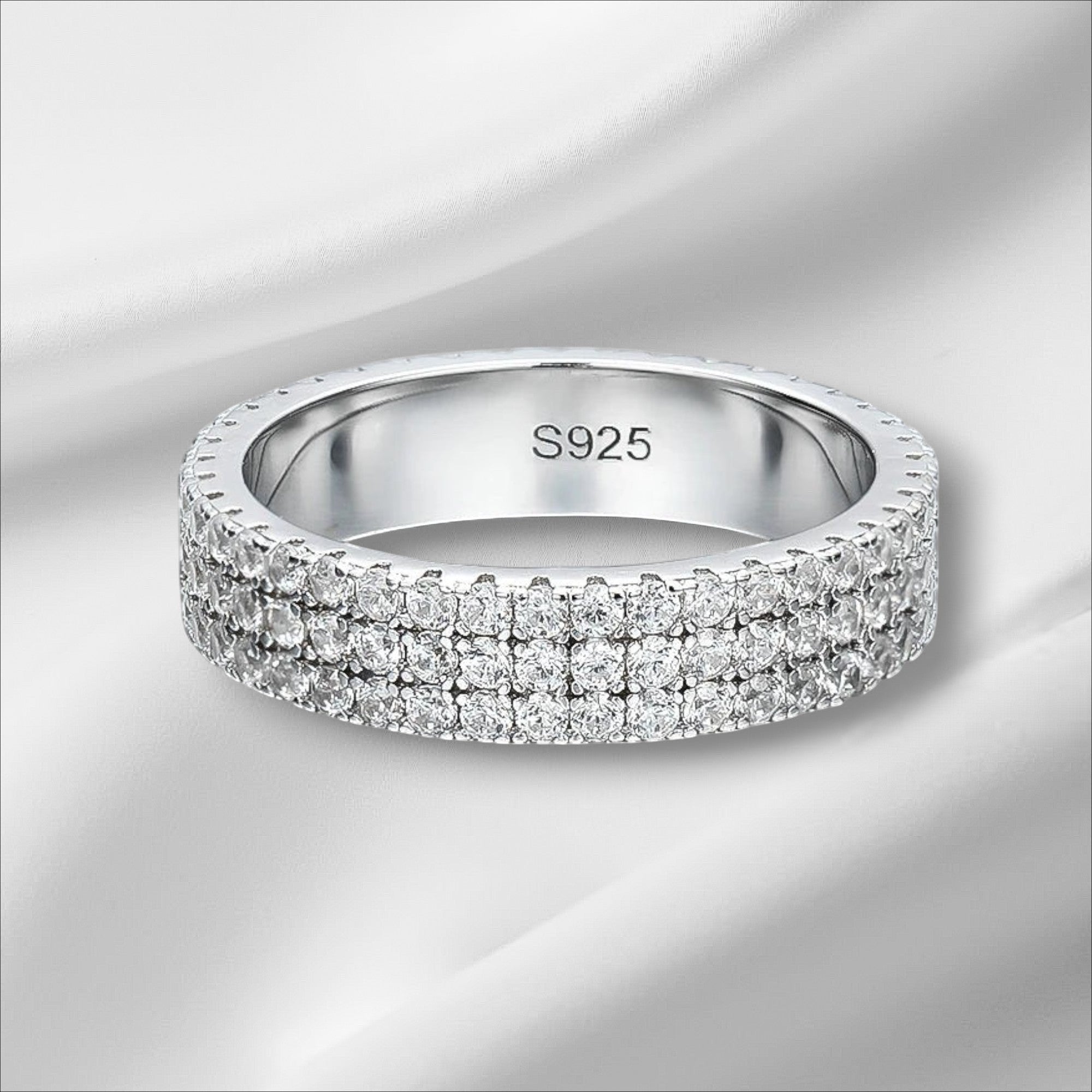 Bee-Bees 18k gold plated 925 sterling silver eternity ring with two rows of sparkling Moissanite stones.