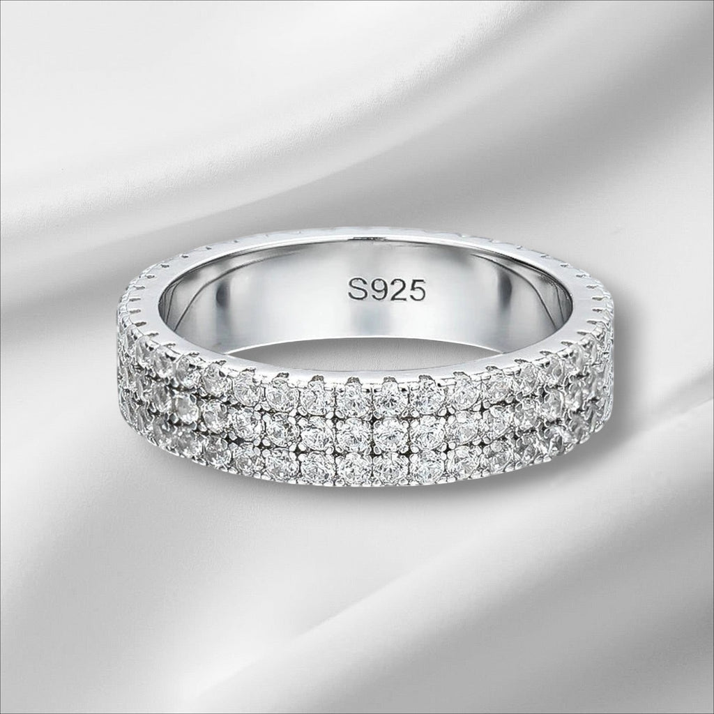 Bee-Bees 18k gold plated 925 sterling silver eternity ring with two rows of sparkling Moissanite stones.
