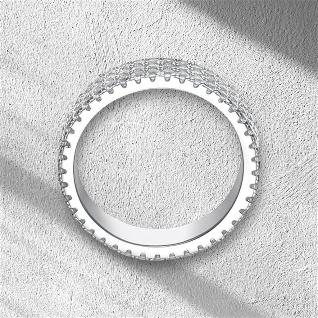 Bee-Bees 18k gold plated 925 sterling silver eternity ring with full pavé moissanite stones, 4.5mm width.