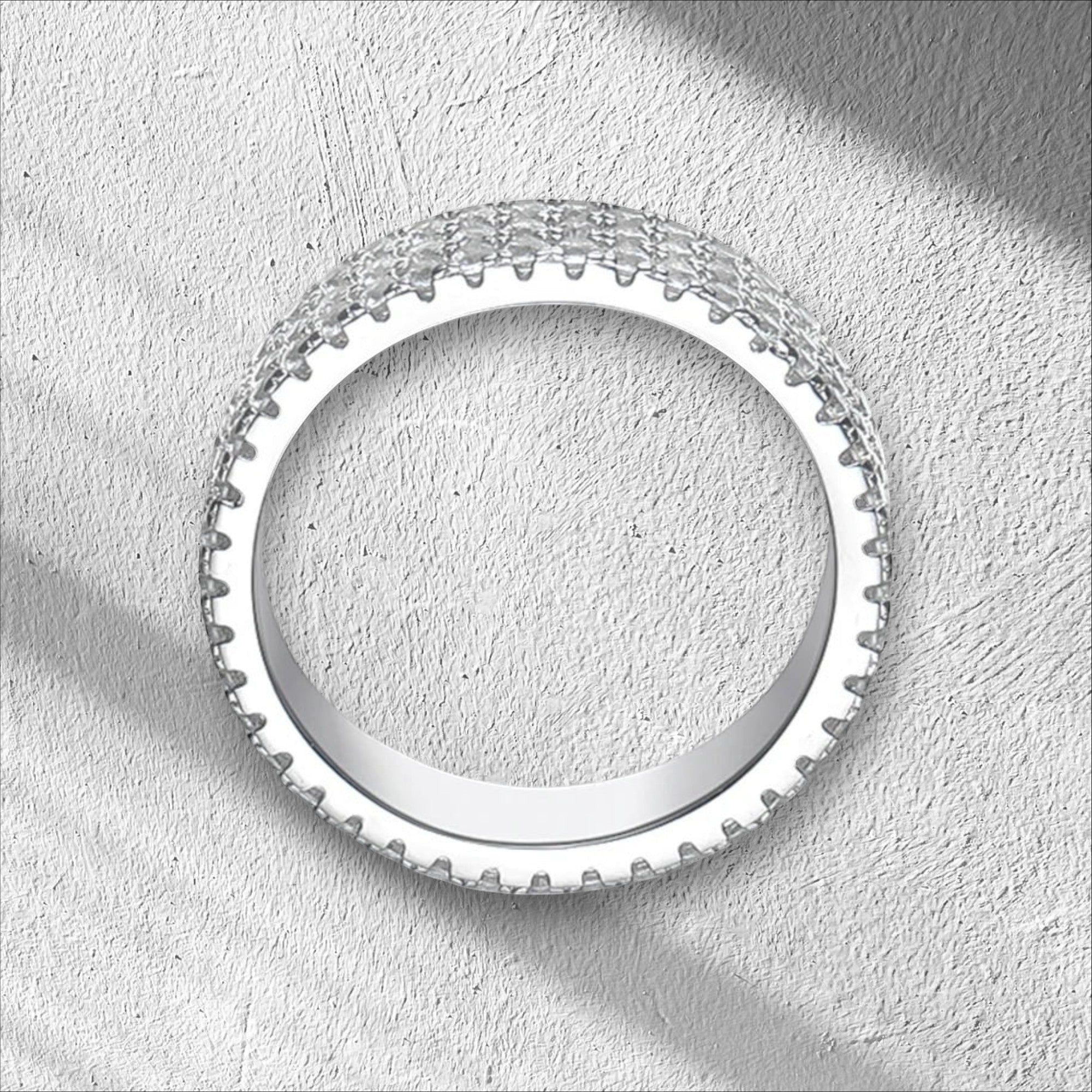 Bee-Bees 18k gold plated 925 sterling silver eternity ring with full pavé moissanite stones, 4.5mm width.