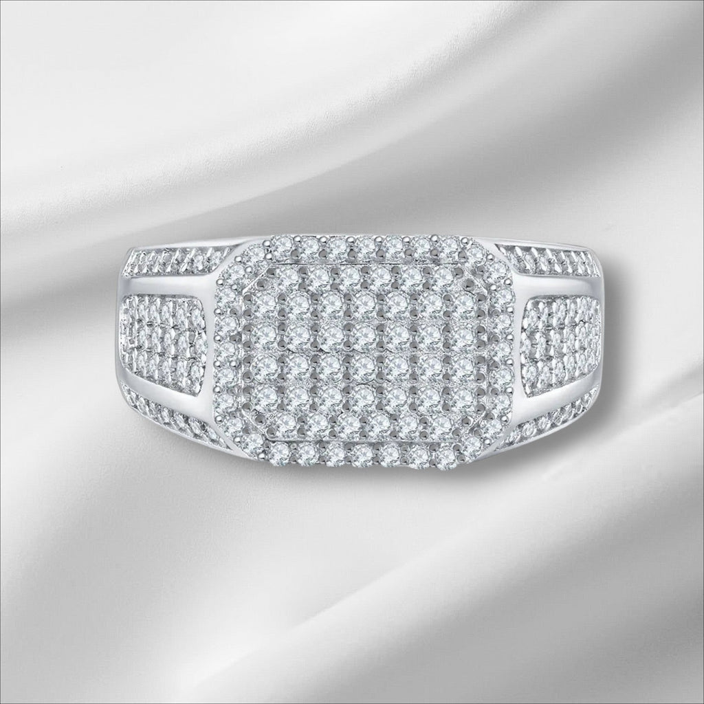 Bee-Bees D VVS Moissanite eternity ring in 925 silver with 18k white gold plating. Features a rectangular cluster of round-cut stones.