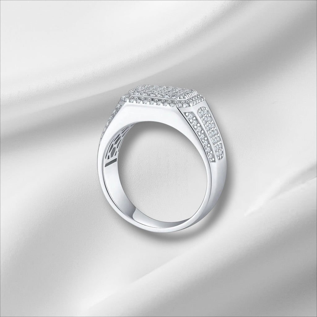 Bee-Bees D VVS Moissanite Eternity Ring in 925 Sterling Silver with 18k White Gold plating. Features a square top paved with small, brilliant-cut stones.