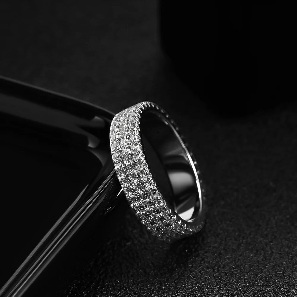 Bee-Bees 18k gold plated 925 sterling silver eternity ring with two rows of sparkling moissanite stones.