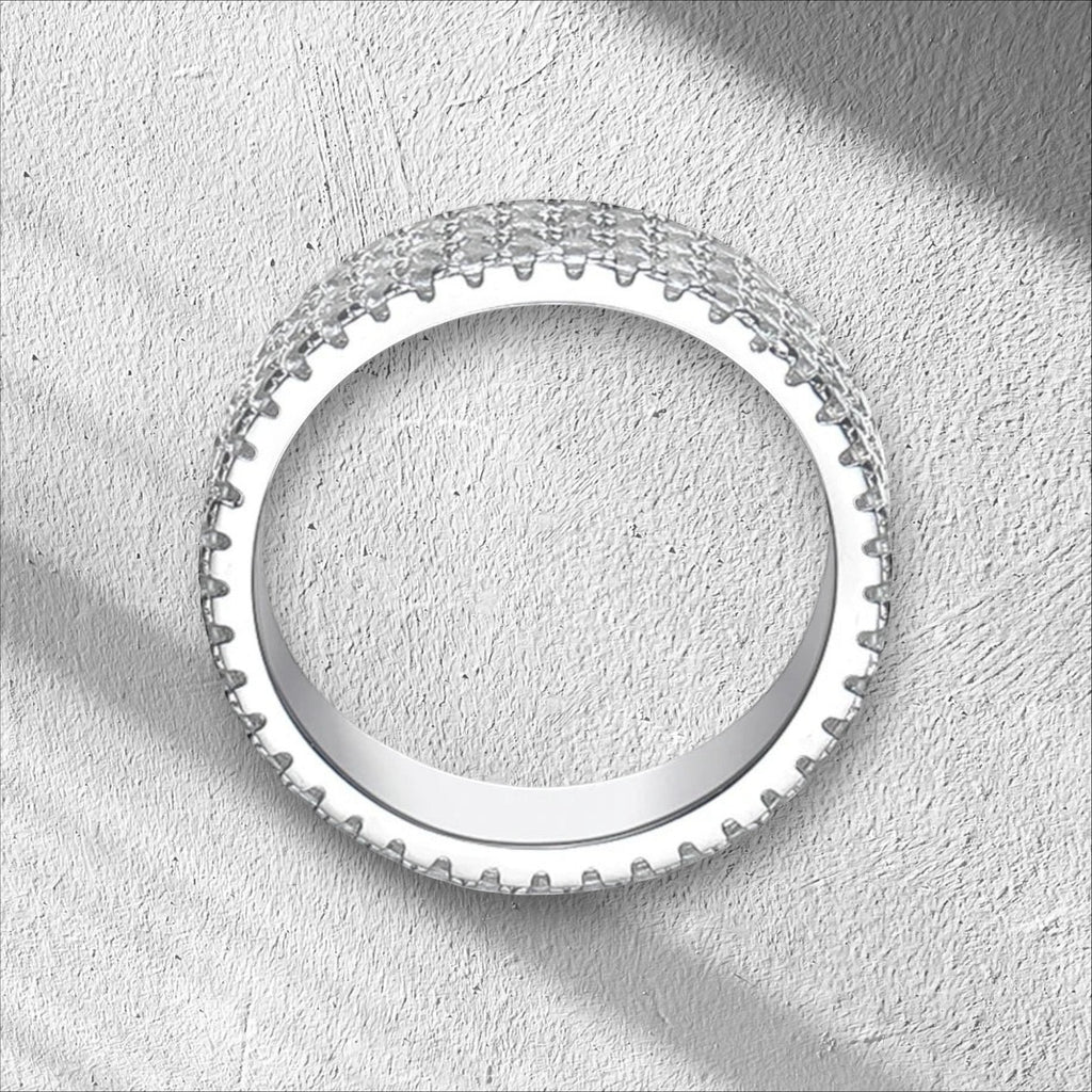 Bee-Bees 18k gold plated 925 sterling silver eternity ring with full pavé moissanite stones, 4.5mm width.