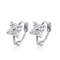 Bee-Bee's 3mm moissanite flower hoop earrings in sterling silver with D color VVS1 stones.
