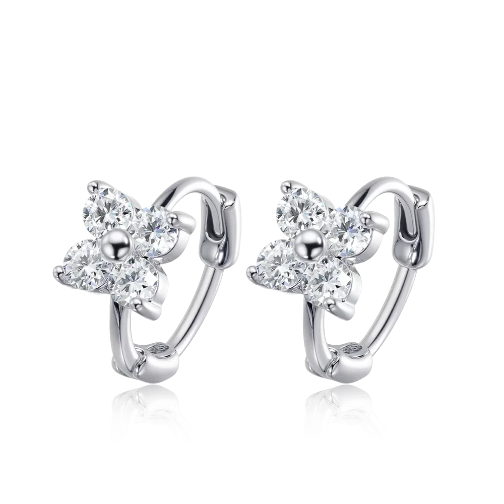 Bee-Bee's 3mm moissanite flower hoop earrings in sterling silver with D color VVS1 stones.