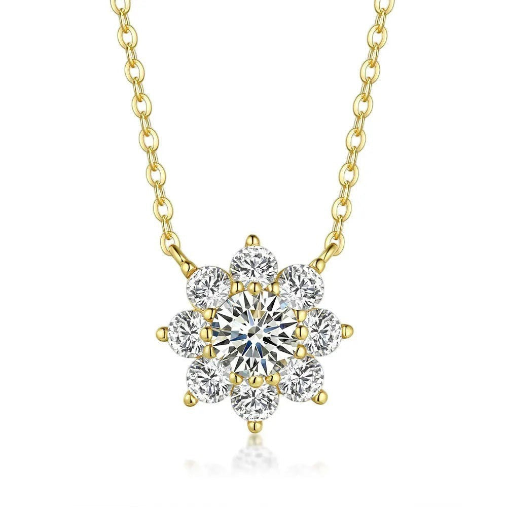 Bee-Bee's 1ct D Color Moissanite flower pendant necklace with 18k gold plated S925 sterling silver.