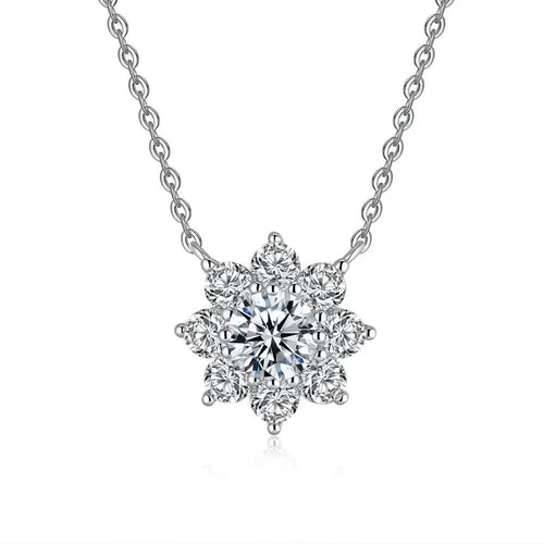 Bee-Bee's 1ct Moissanite flower pendant necklace with 18k gold plated S925 sterling silver and D-color VVS1 certified stones.