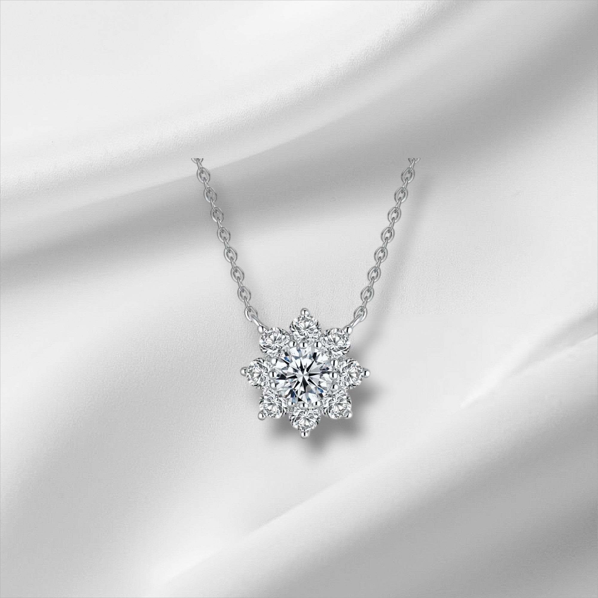 Bee-Bee's 1ct Moissanite flower pendant necklace in S925 sterling silver with 18k gold plating. D-Color VVS1.
