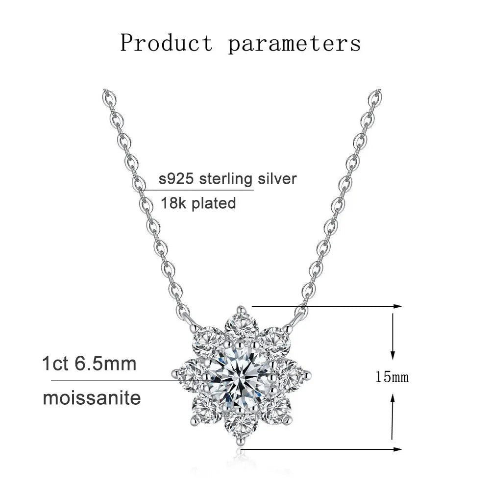 Bee-Bee's 1ct moissanite flower pendant necklace in S925 sterling silver with 18k gold plating. Features a 6.5mm center stone and 15mm pendant size.
