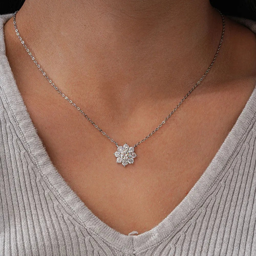 Bee-Bee's 1ct Moissanite flower pendant necklace in S925 sterling silver with 18k gold plating and D-color VVS1 stones.