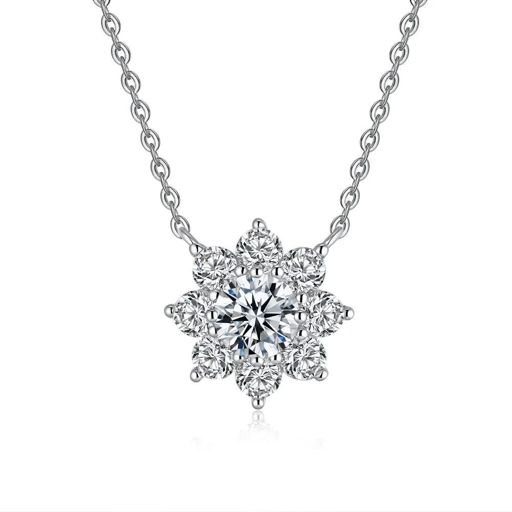 Bee-Bee's 1ct Moissanite flower pendant necklace in S925 sterling silver with 18k gold plating. D-Color VVS1.