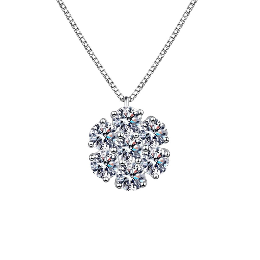 Bee-Bees moissanite flower pendant necklace in 18k white gold plated 925 sterling silver with a delicate box chain