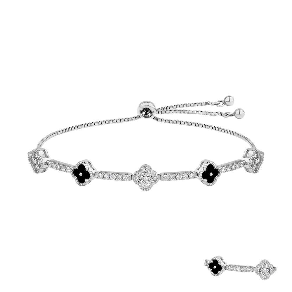 Bee-Bees flower charm tennis bracelet in 925 sterling silver with moissanite stones and black floral accents