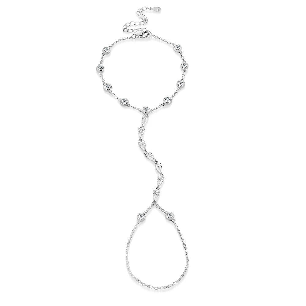 Bee-Bees 925 Sterling Silver adjustable hand chain bracelet with 3mm round and pear-cut Moissanite stones.