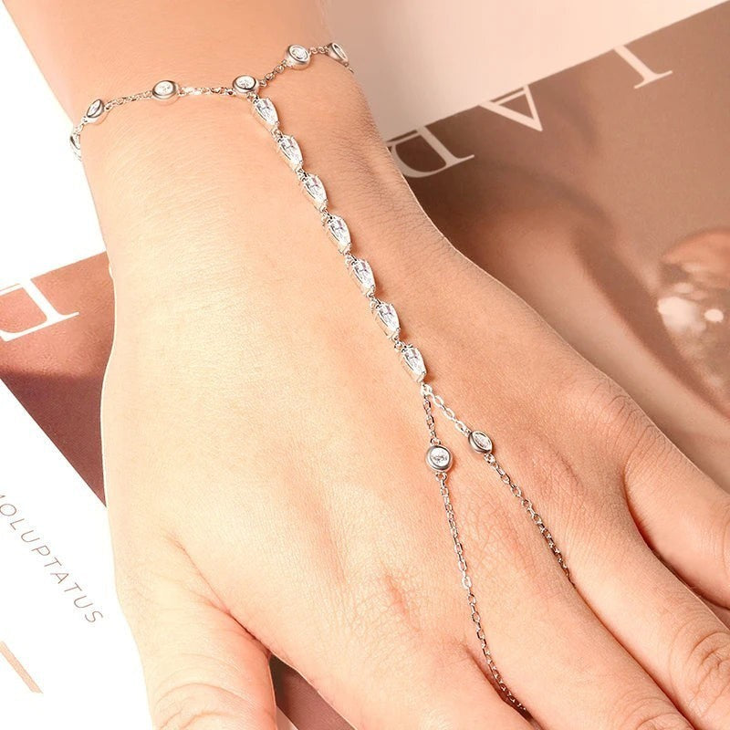 Bee-Bees 925 Sterling Silver adjustable hand chain bracelet with 3mm round and pear-cut Moissanite stones.