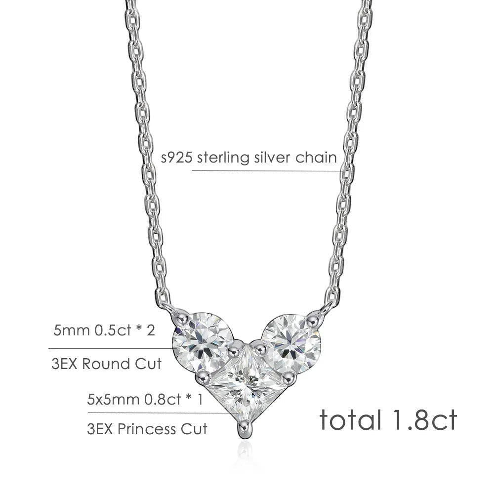 Bee-Bees sterling silver necklace with 1.8ct total weight moissanite stones. Features two 5mm 0.5ct round cut stones and one 5x5mm 0.8ct princess cut stone.