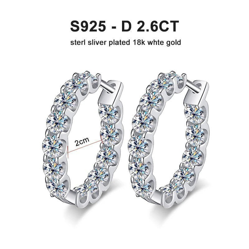Bee-Bees 2.6ctw D Color Moissanite Eternity Hoop Earrings in 18k white gold plated sterling silver, 2cm diameter.