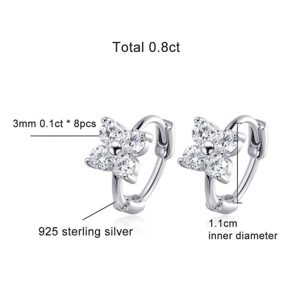 Bee-Bees 3mm D Color VVS1 Moissanite hoop earrings in 925 sterling silver with a flower design.